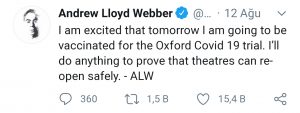 Andrew Lloyd Webber twitter koronavirüs aşı