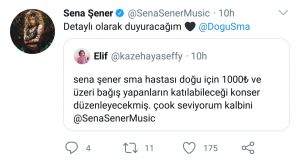 Sena Şener SMA hastası Twitter konser