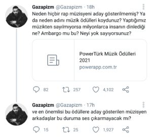 gazapizm powertürk müzik ödülleri twitter