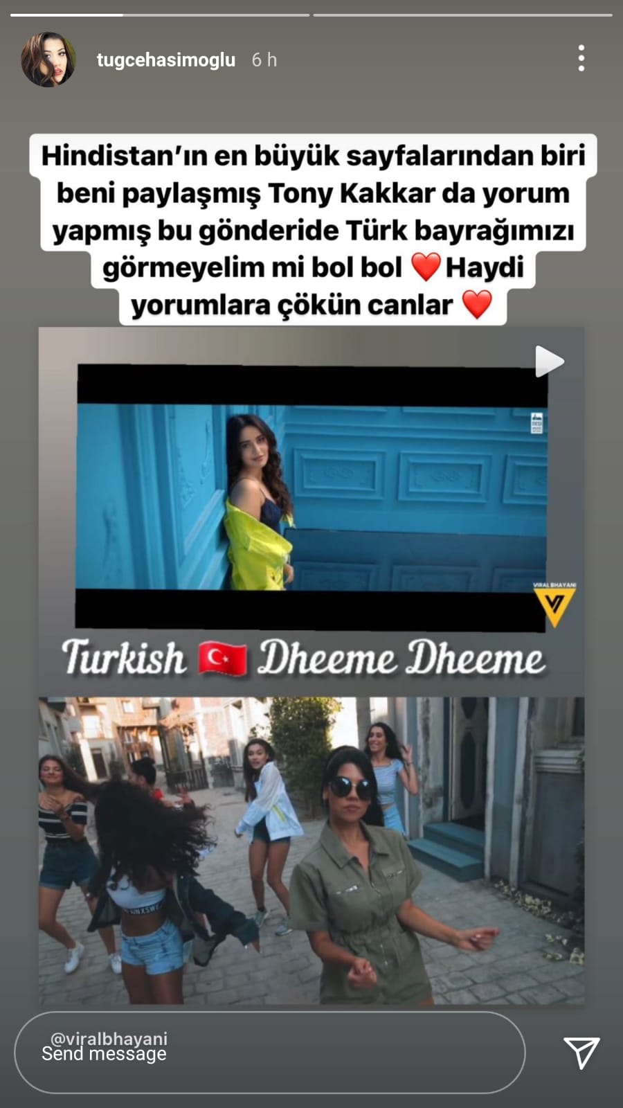 Tony Kakkar tuğçe haşimoğlu instagram dheeme dheeme