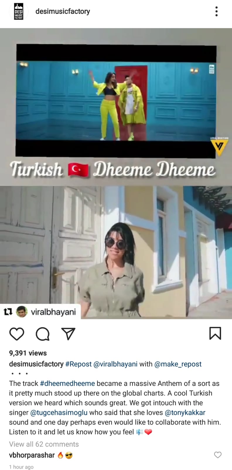 desi music factory Tony Kakkar tuğçe haşimoğlu instagram dheeme dheeme