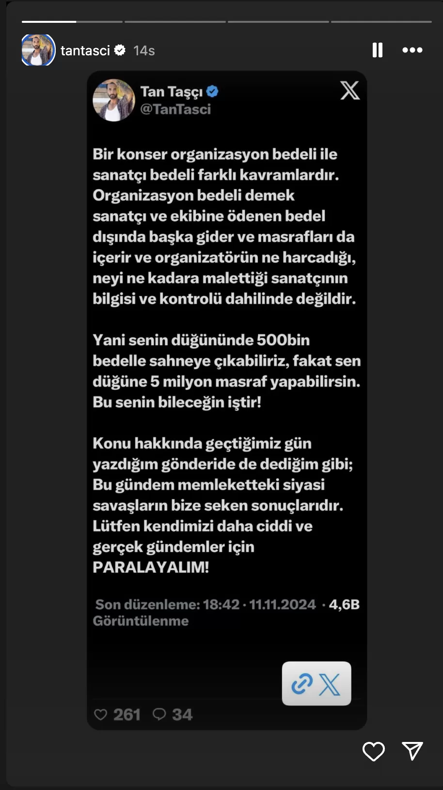 Tan Taşçı, İnstagram Story