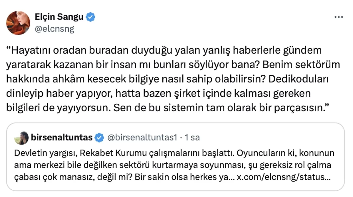 Elçin Sangu X üzerinden Birsen Altuntaşa cevabı